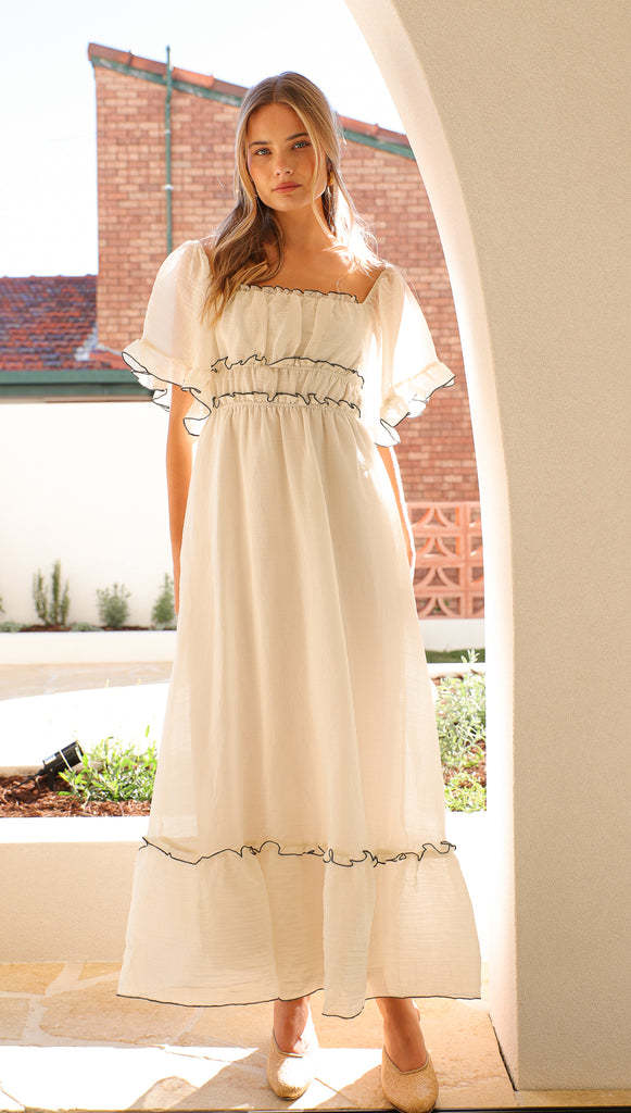 Square Neck Flutter Sleeve Empire Waist Ruffle Tier Contrast Trim Maxi Dress