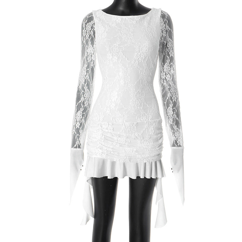 Lace Overlay Long Sleeve Boat Neck Ruched Asymmetric Hem Bodycon Mini Dress