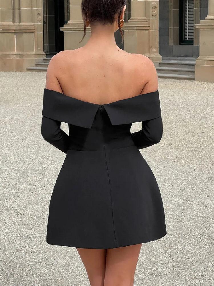 Off Shoulder Long Sleeve Flap Pocket A-Line Mini Dress