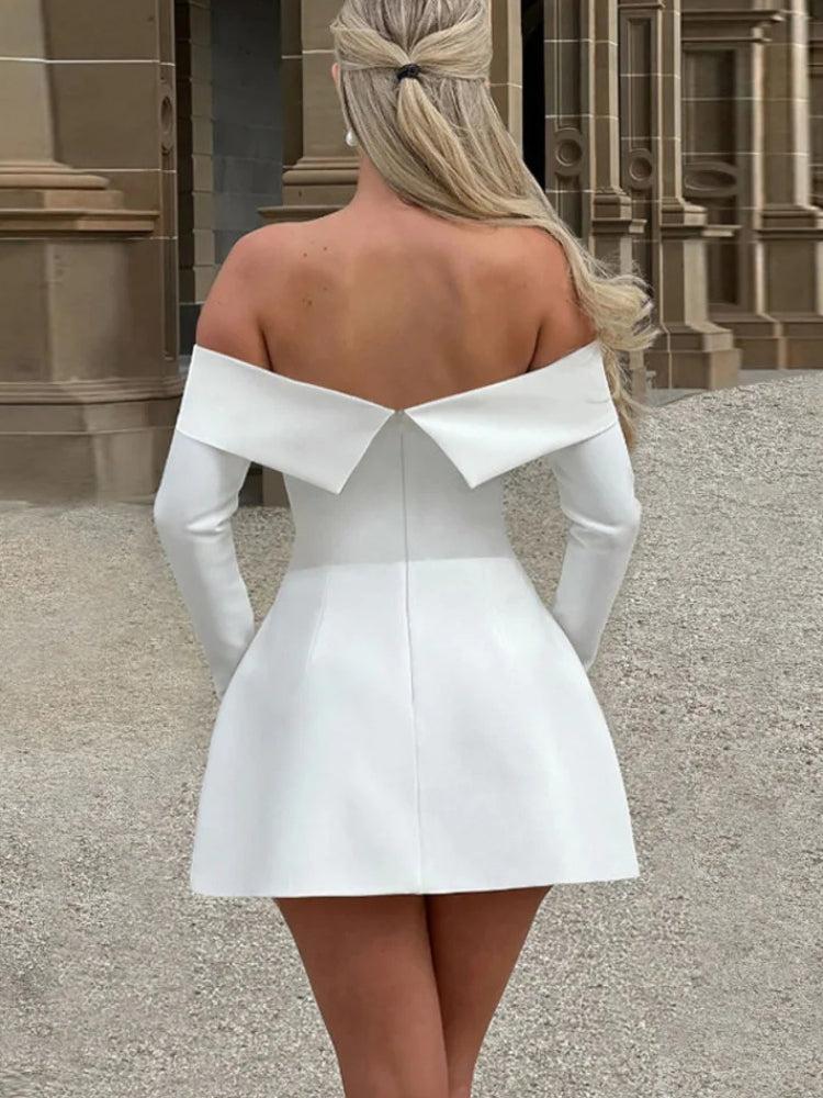 Off Shoulder Long Sleeve Flap Pocket A-Line Mini Dress