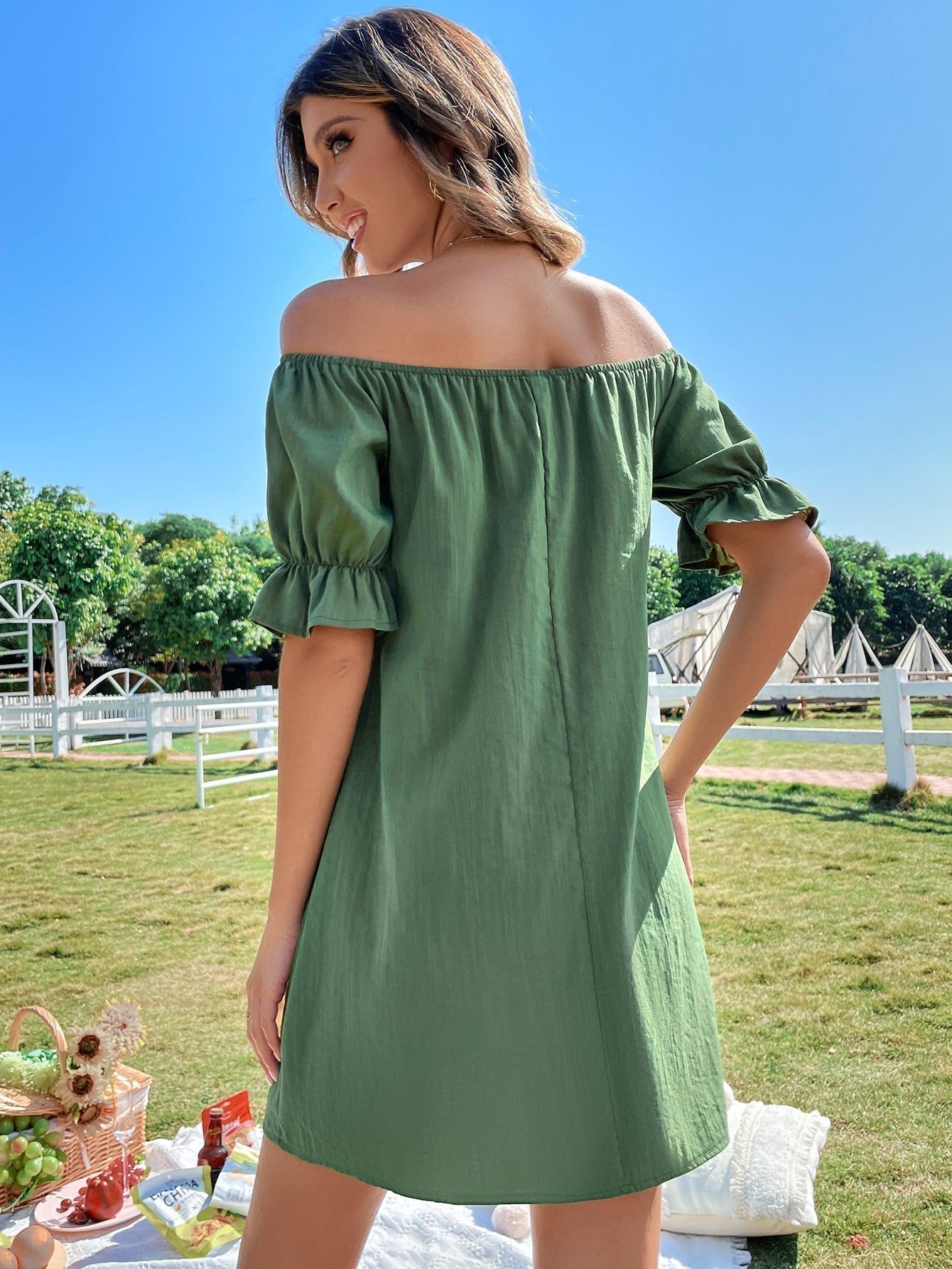 Crinkle Gauze Off Shoulder Puff Sleeve Button Front Mini Dress