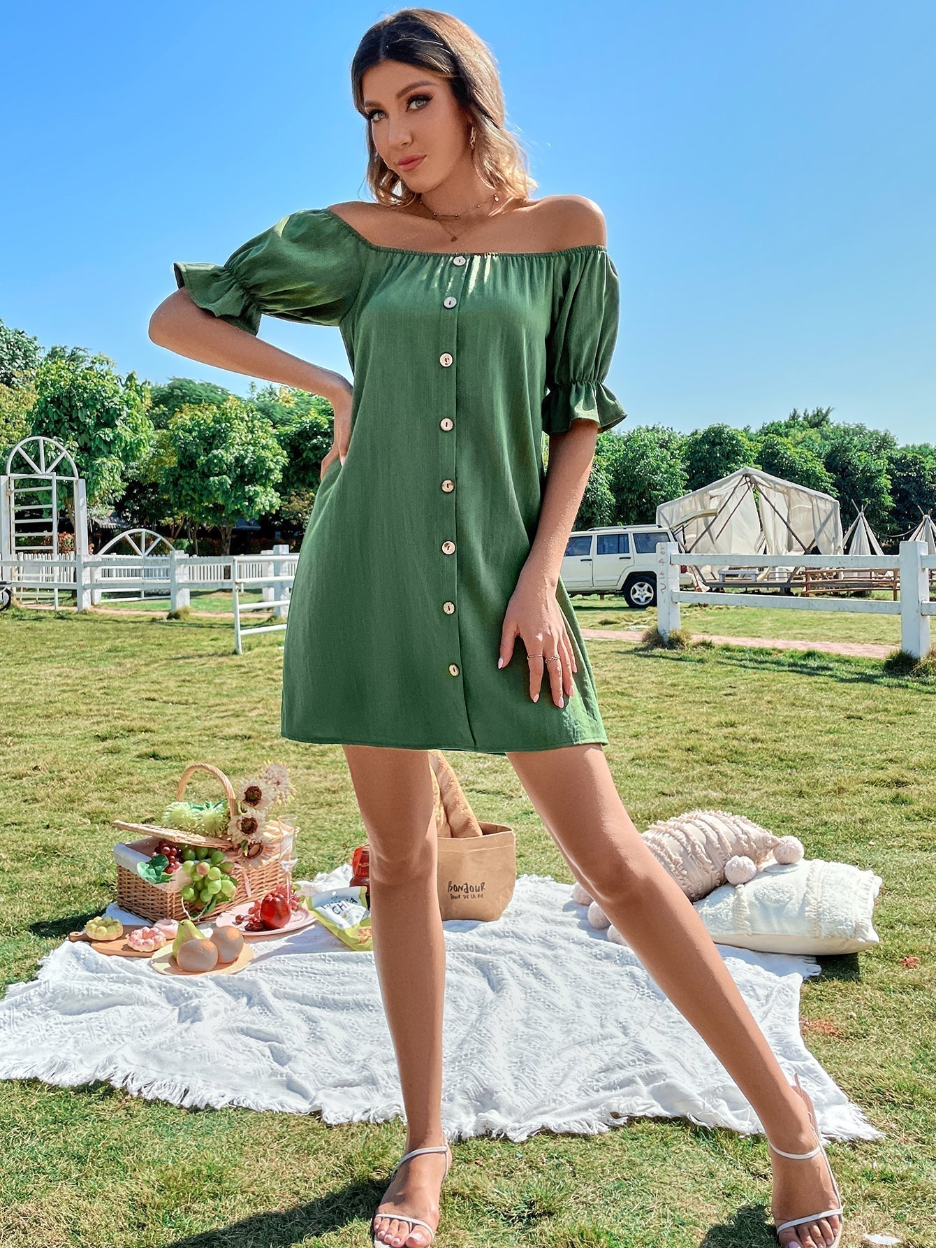 Crinkle Gauze Off Shoulder Puff Sleeve Button Front Mini Dress