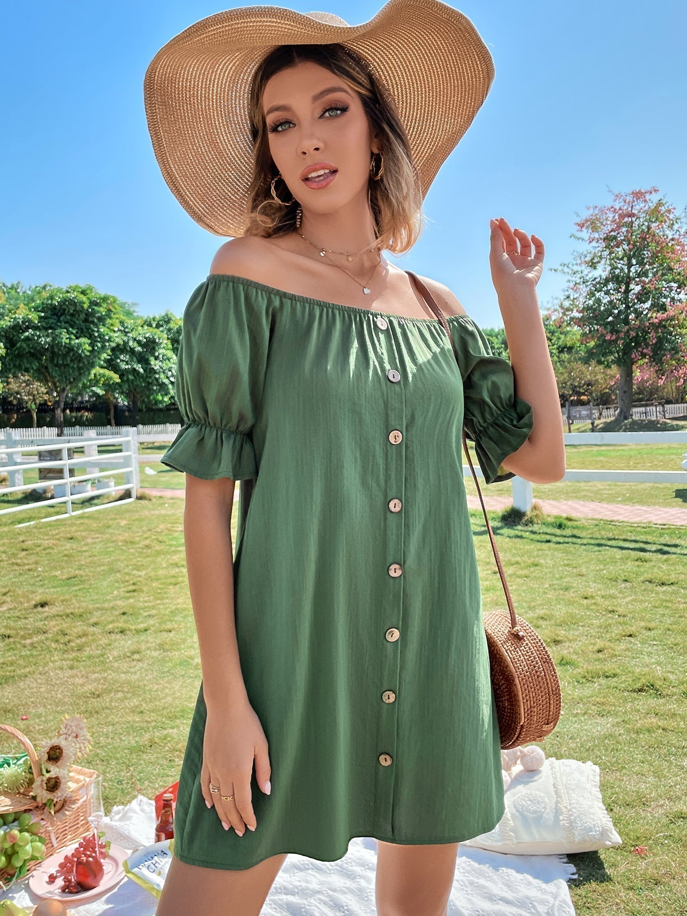 Crinkle Gauze Off Shoulder Puff Sleeve Button Front Mini Dress