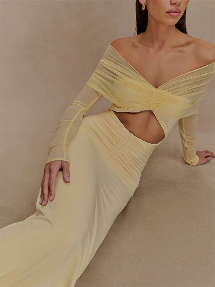 Off Shoulder Sweetheart Diamond Cutout Mesh Sleeve Ruched Maxi Dress