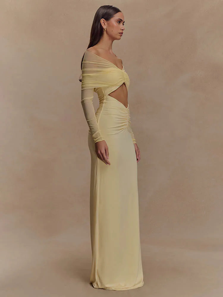 Off Shoulder Sweetheart Diamond Cutout Mesh Sleeve Ruched Maxi Dress