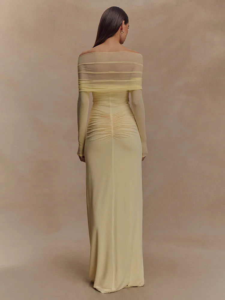 Off Shoulder Sweetheart Diamond Cutout Mesh Sleeve Ruched Maxi Dress