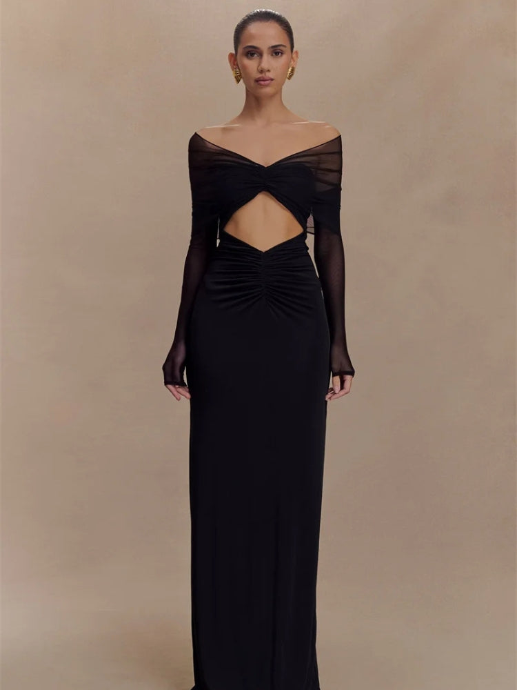 Off Shoulder Sweetheart Diamond Cutout Mesh Sleeve Ruched Maxi Dress