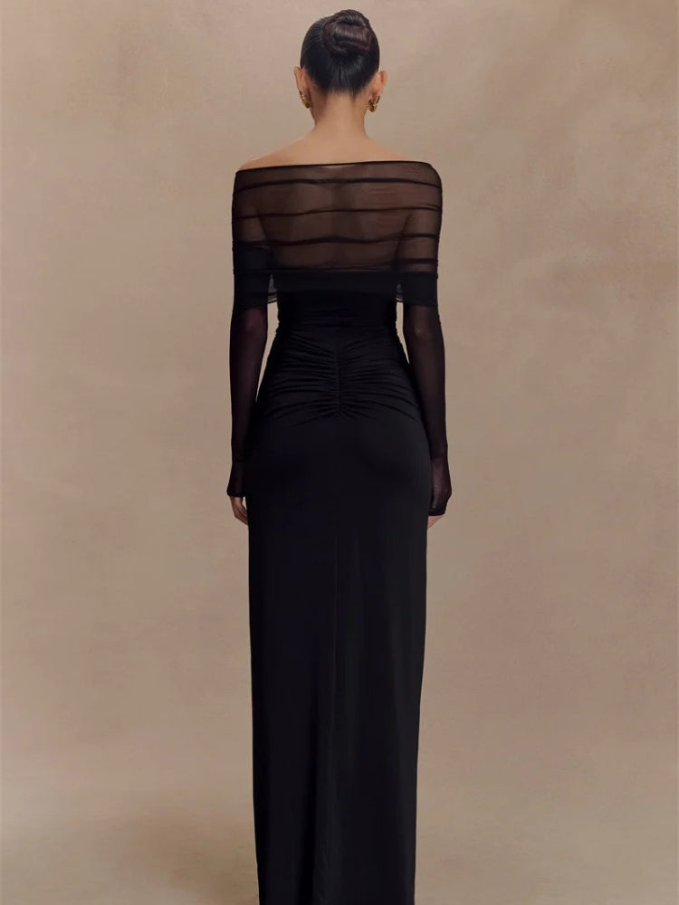 Off Shoulder Sweetheart Diamond Cutout Mesh Sleeve Ruched Maxi Dress