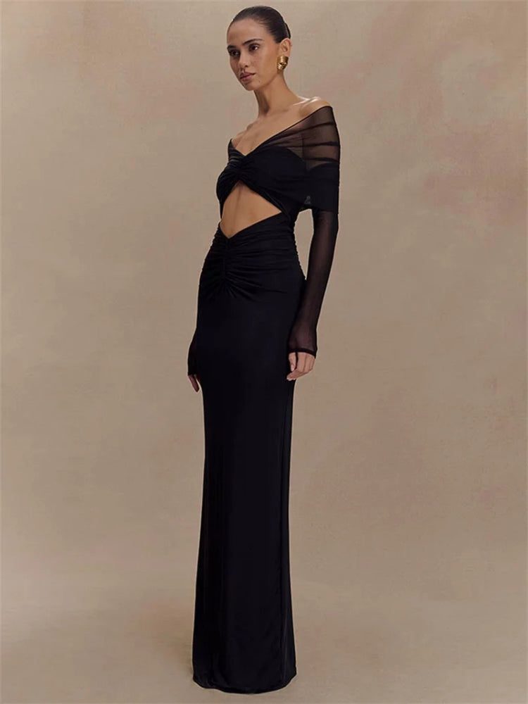 Off Shoulder Sweetheart Diamond Cutout Mesh Sleeve Ruched Maxi Dress