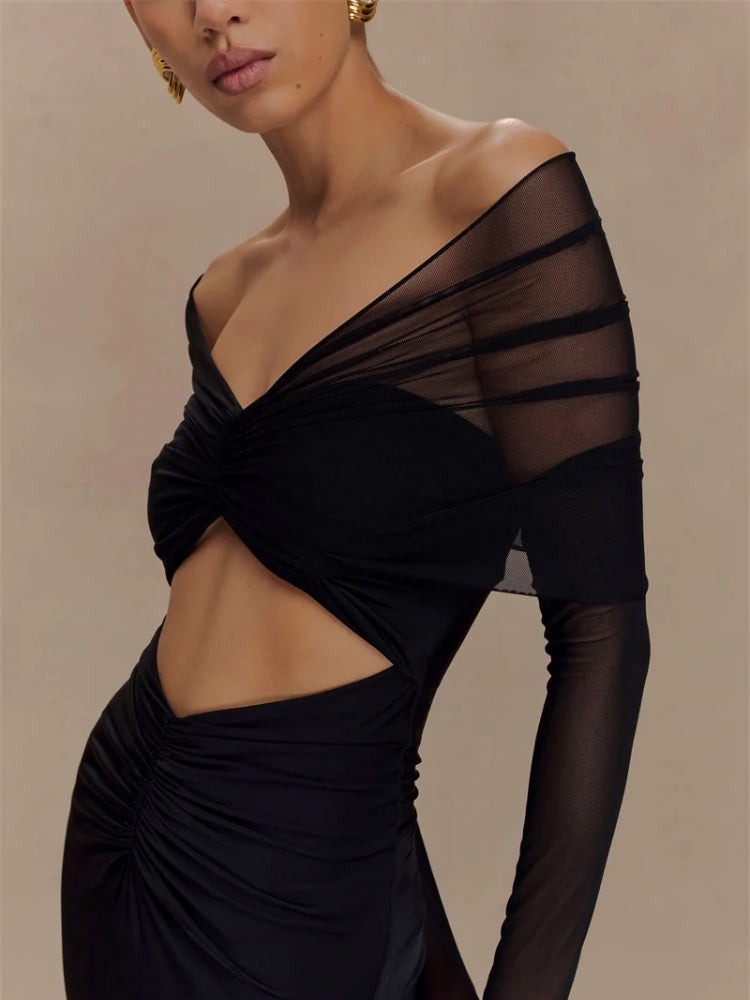 Off Shoulder Sweetheart Diamond Cutout Mesh Sleeve Ruched Maxi Dress