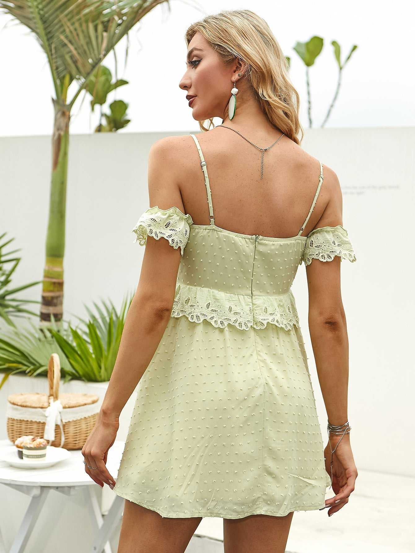 Swiss Dot Eyelet Lace Off-Shoulder Ruffle Trim A-Line Mini Dress