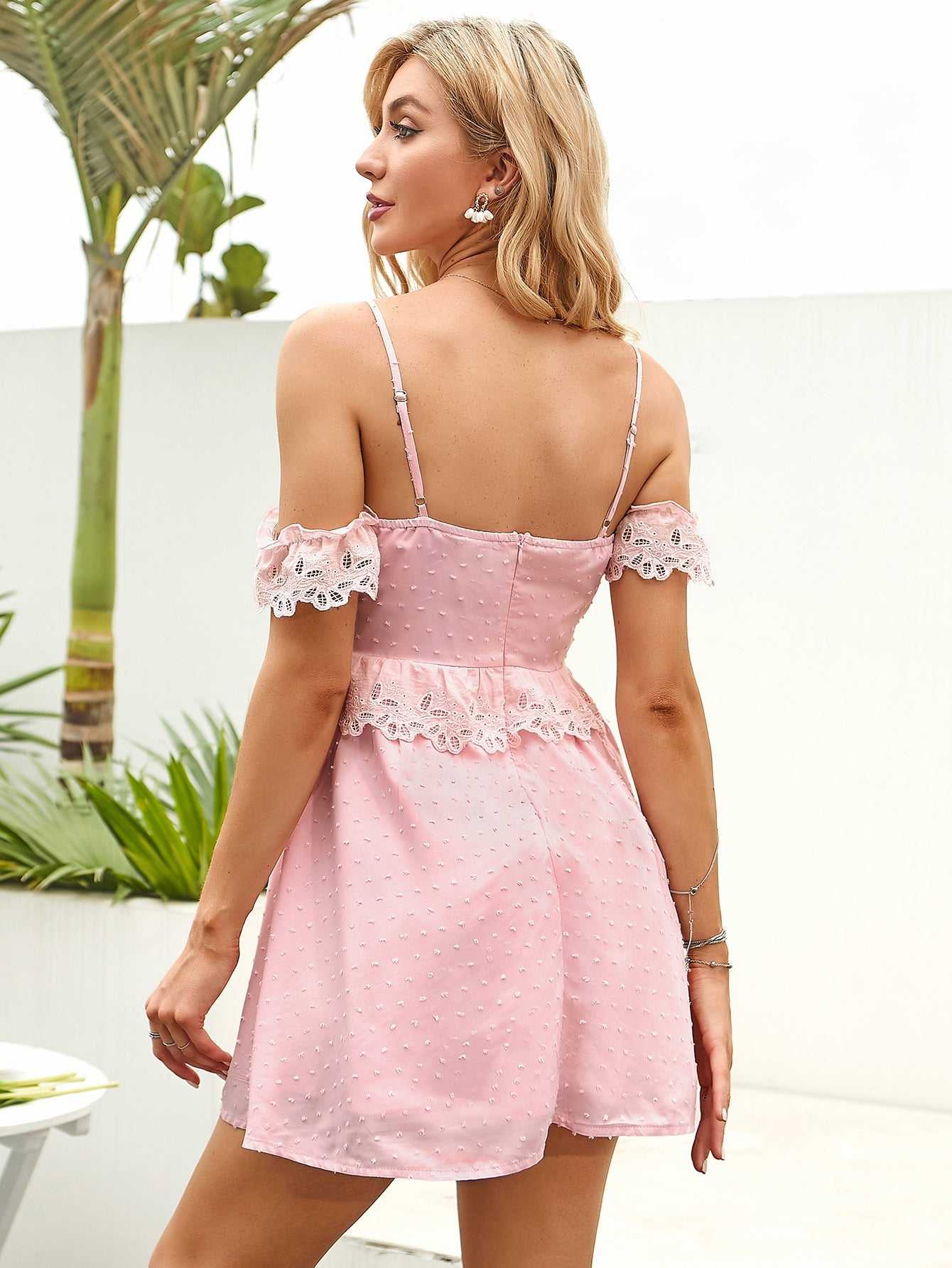 Swiss Dot Eyelet Lace Off-Shoulder Ruffle Trim A-Line Mini Dress