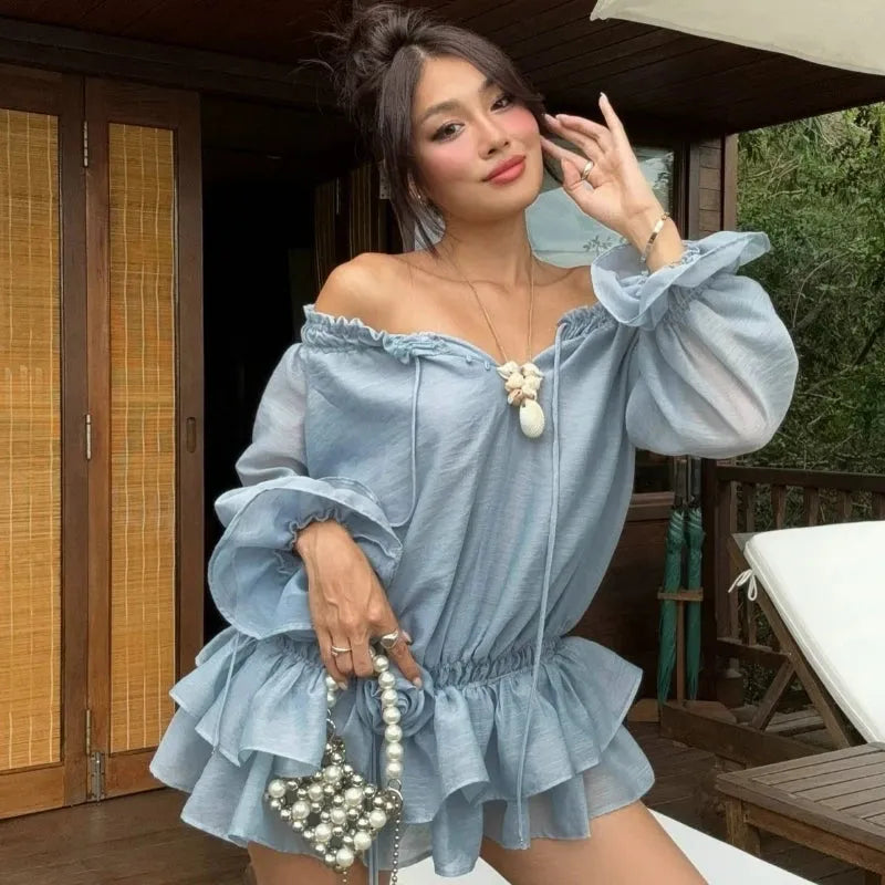 Off Shoulder Drawstring Neck Balloon Sleeve Tiered Ruffle Rosette Mini Dress