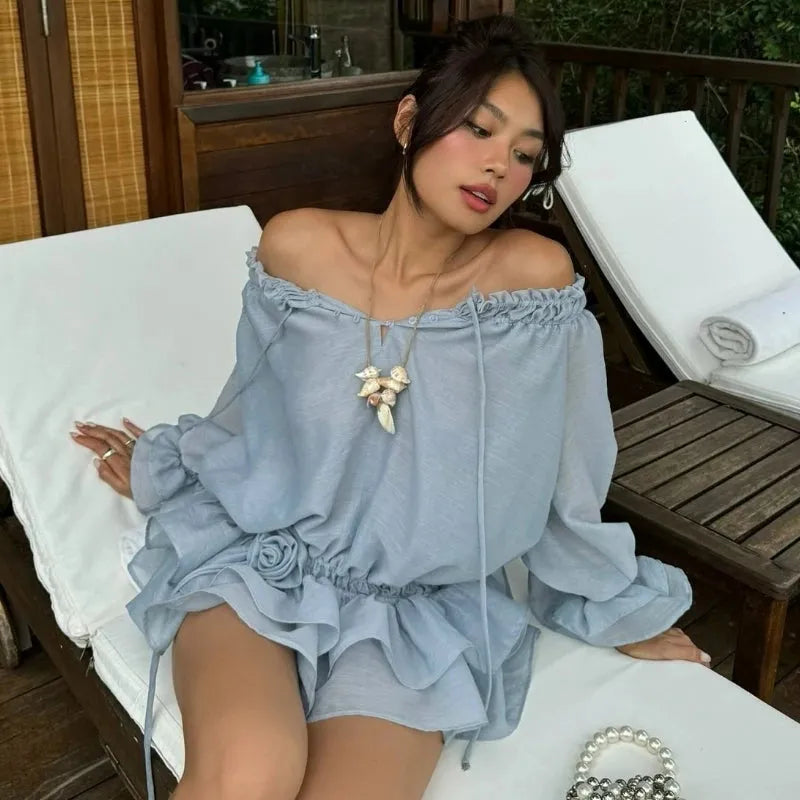 Off Shoulder Drawstring Neck Balloon Sleeve Tiered Ruffle Rosette Mini Dress