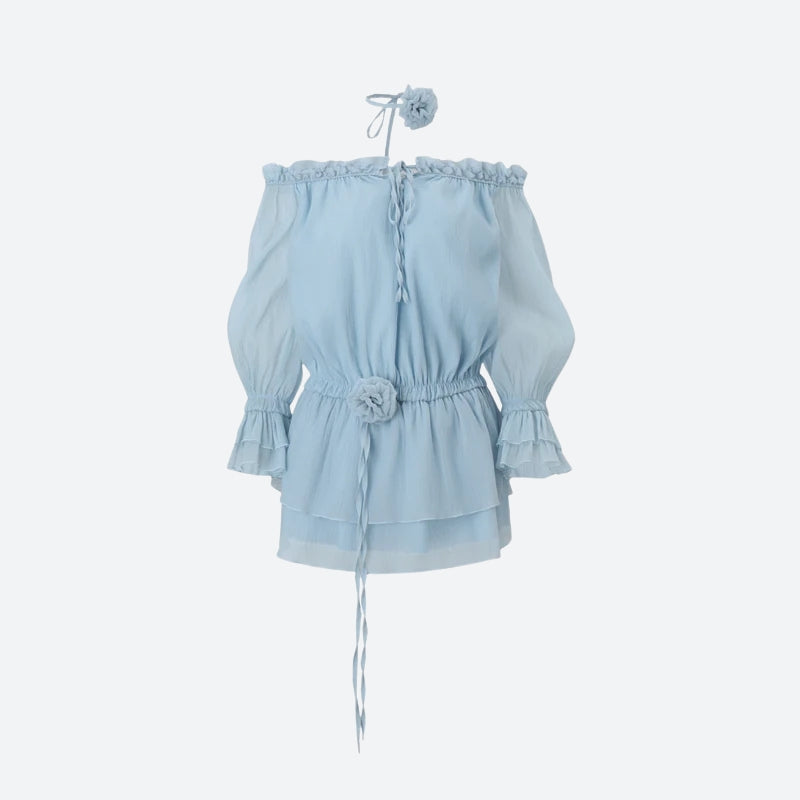 Off Shoulder Drawstring Neck Balloon Sleeve Tiered Ruffle Rosette Mini Dress