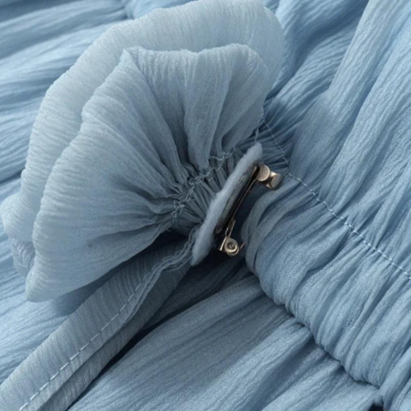 Off Shoulder Drawstring Neck Balloon Sleeve Tiered Ruffle Rosette Mini Dress