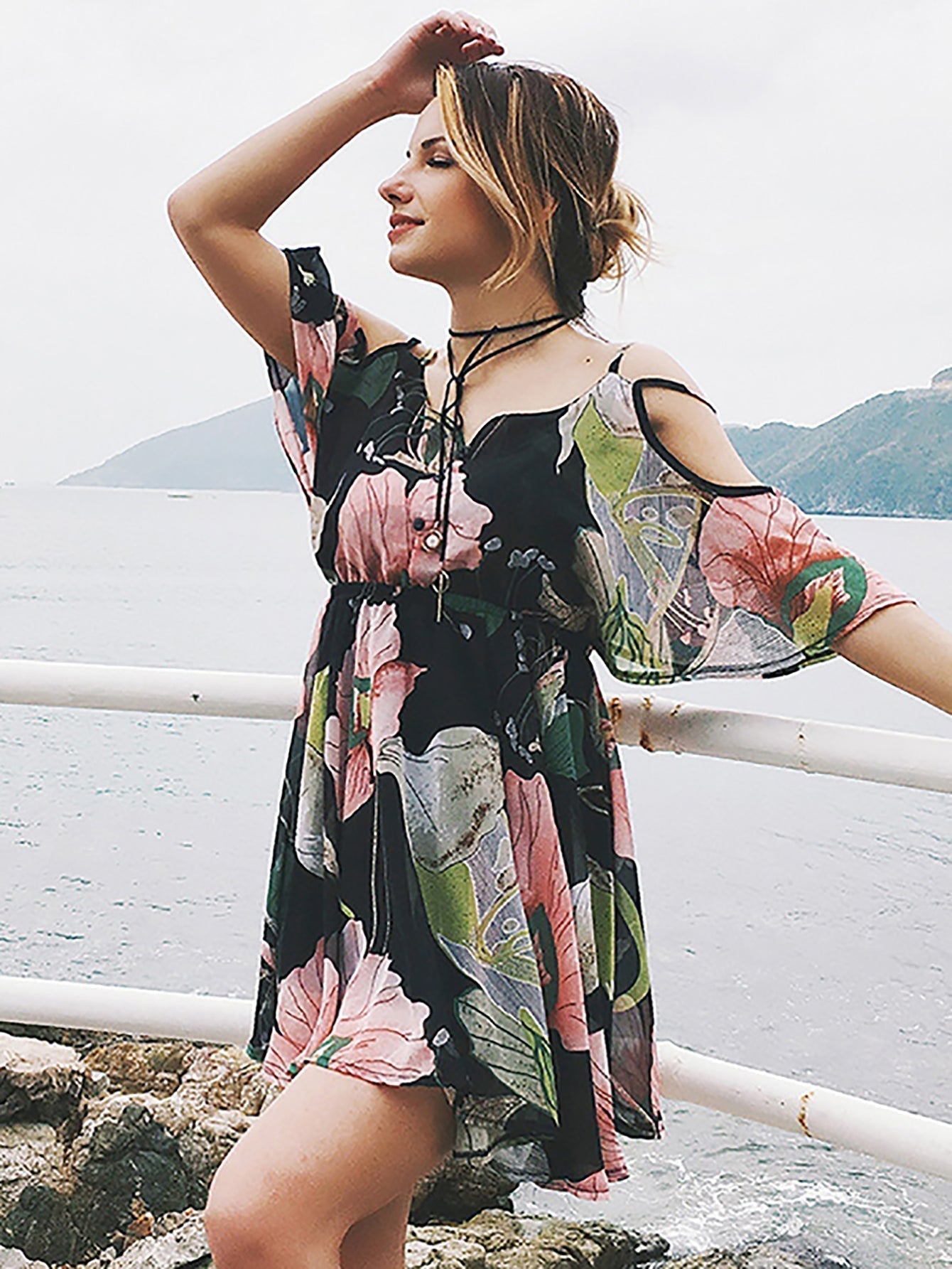 Cold-Shoulder Flutter Sleeve Button Placket Tropical Floral Empire Mini Dress