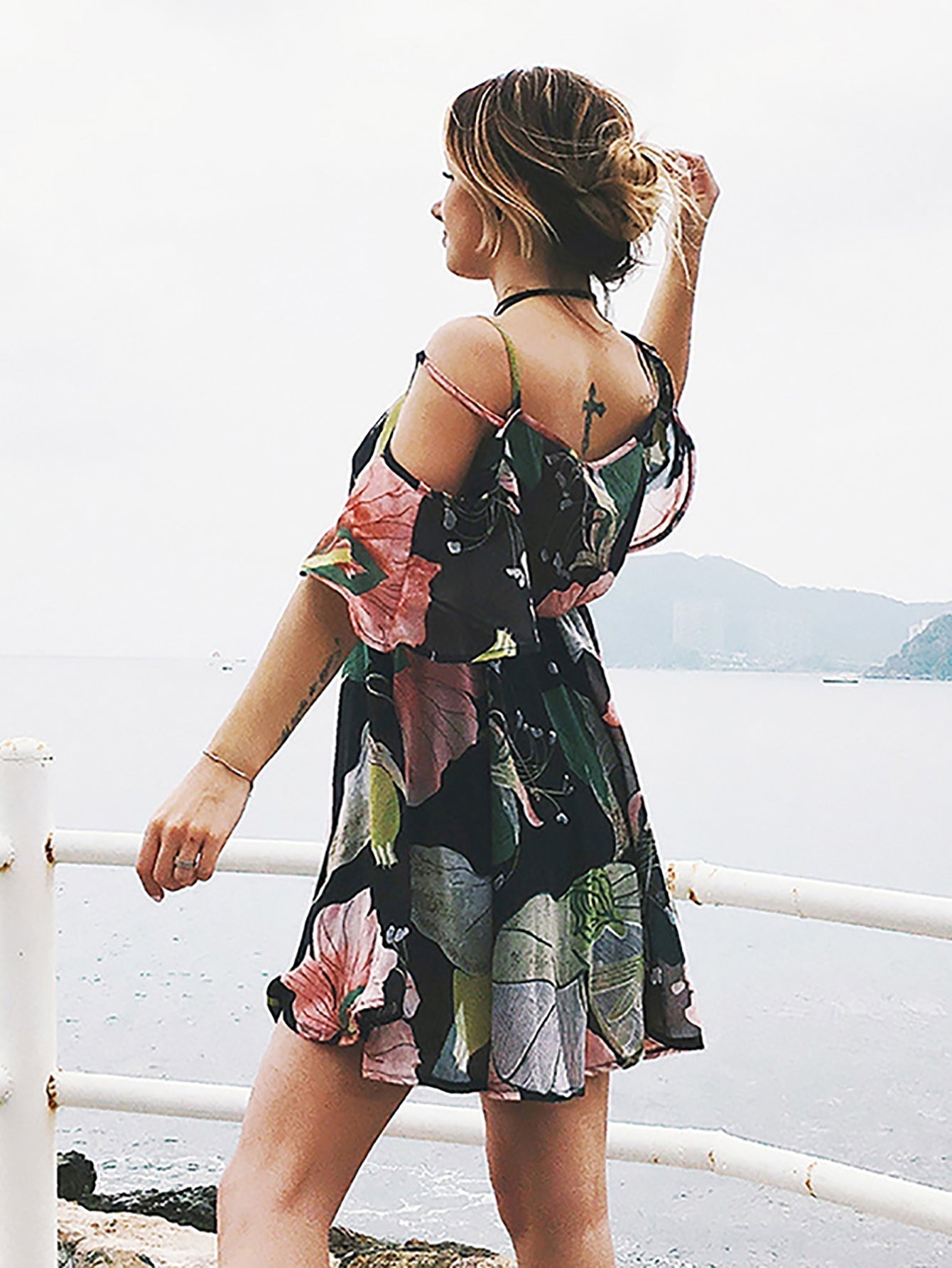 Cold-Shoulder Flutter Sleeve Button Placket Tropical Floral Empire Mini Dress