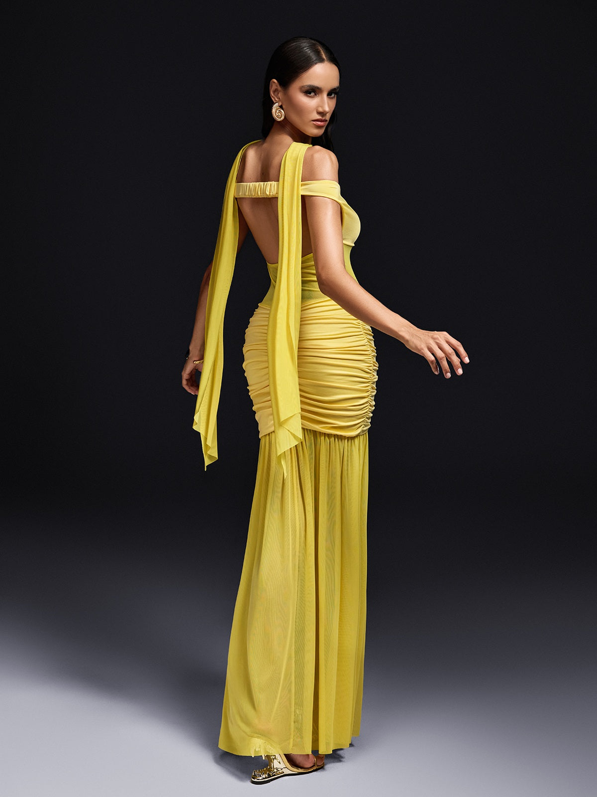 Off Shoulder Sweetheart Mesh Panel Ruched Scarf Maxi Dress