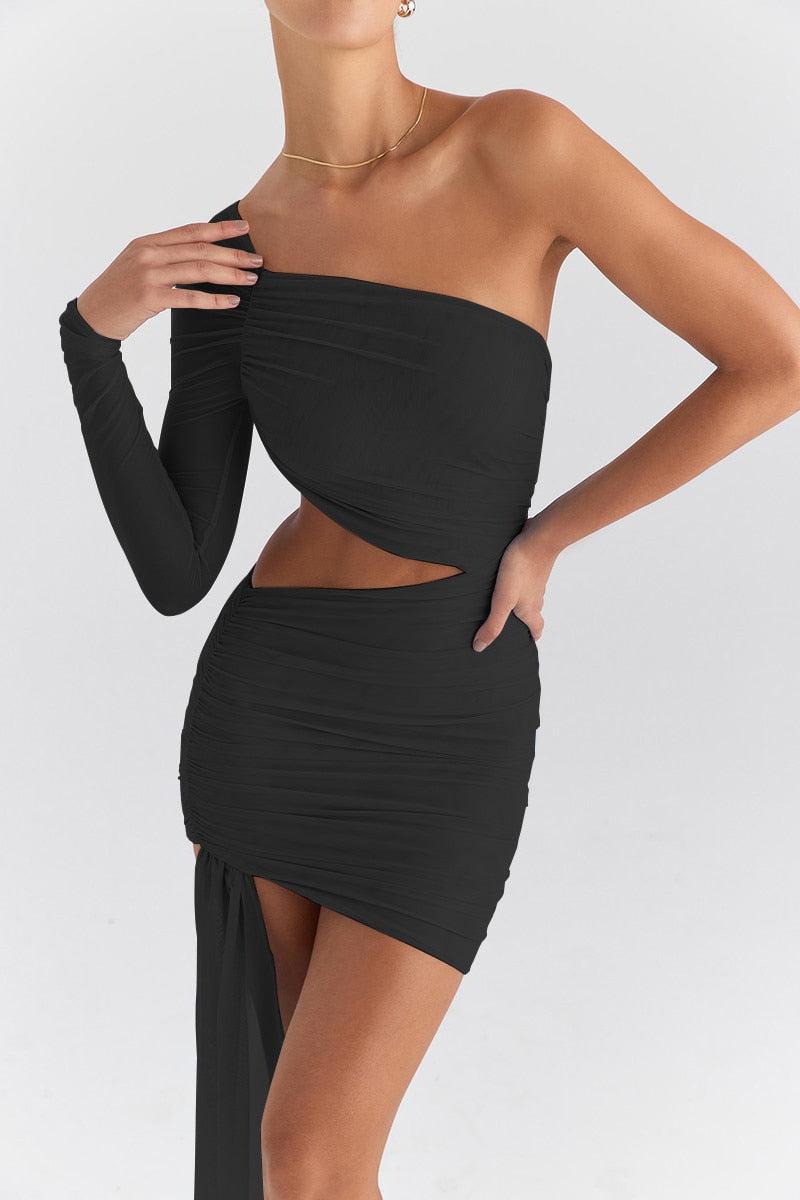 One-Shoulder Mesh Long Sleeve Waist Cutout Ruched Sash Mini Dress