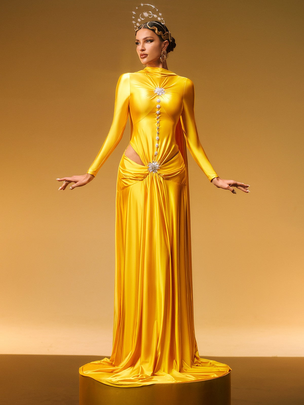 Sequin Embellished Long Sleeve Deep V-Neck Maxi Dress
