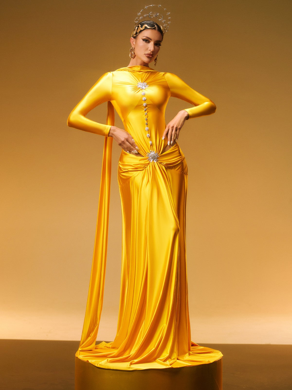 Sequin Embellished Long Sleeve Deep V-Neck Maxi Dress