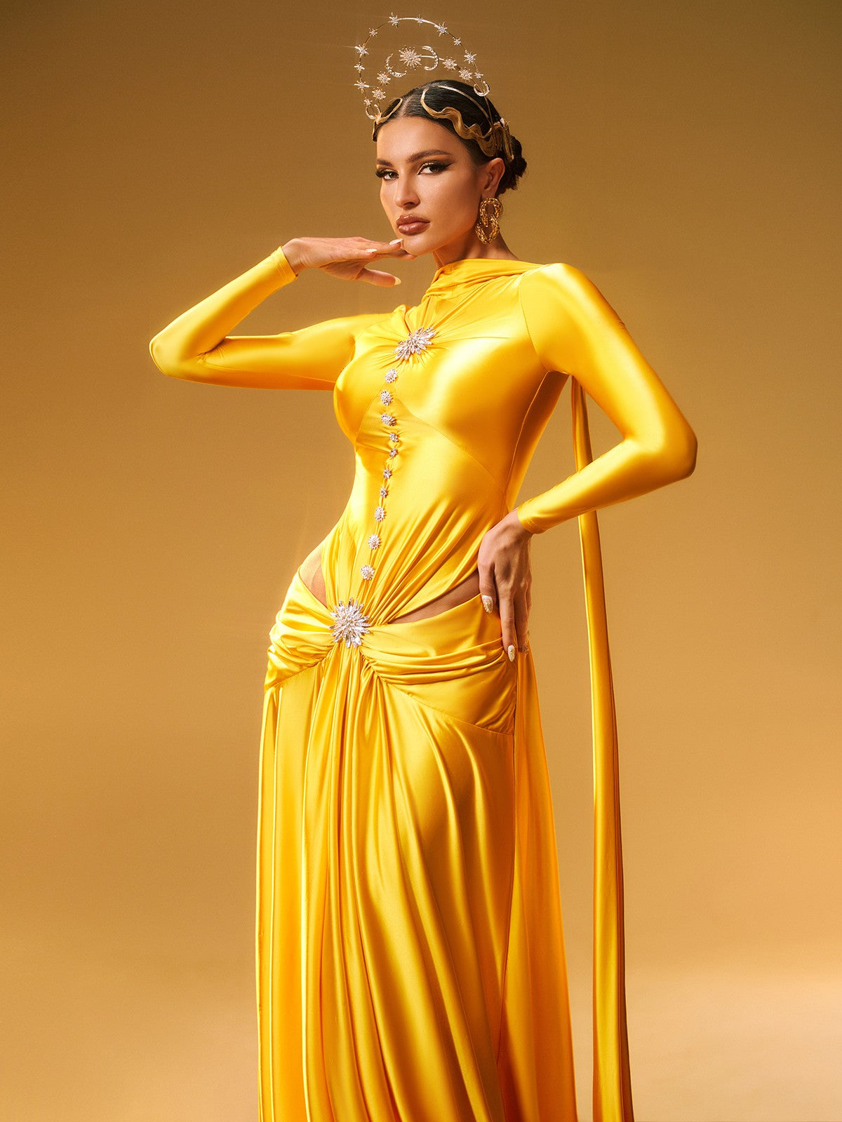 Sequin Embellished Long Sleeve Deep V-Neck Maxi Dress