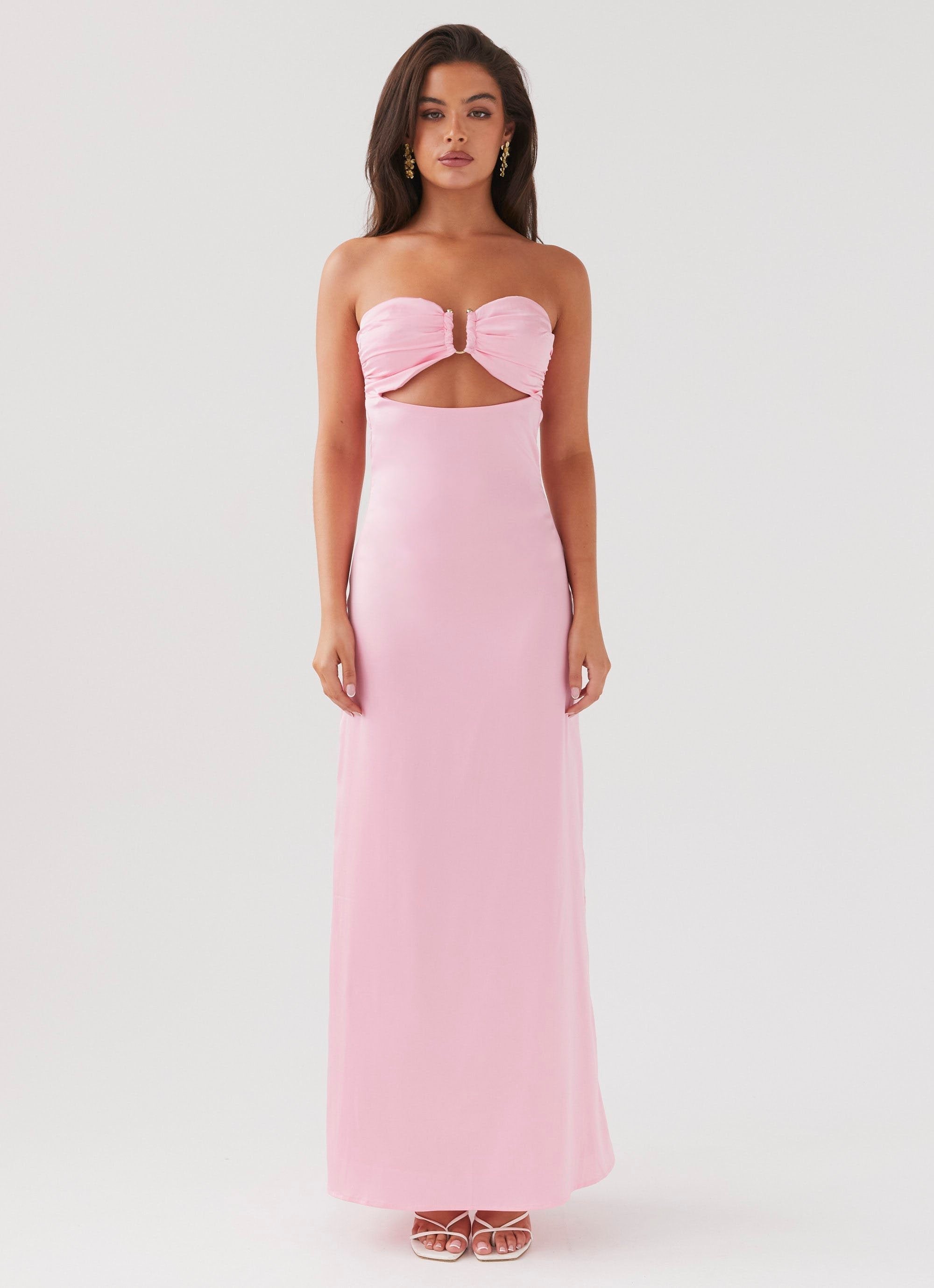 Strapless Ring Hardware Midriff Cutout Floral Print Tiered Maxi Dress