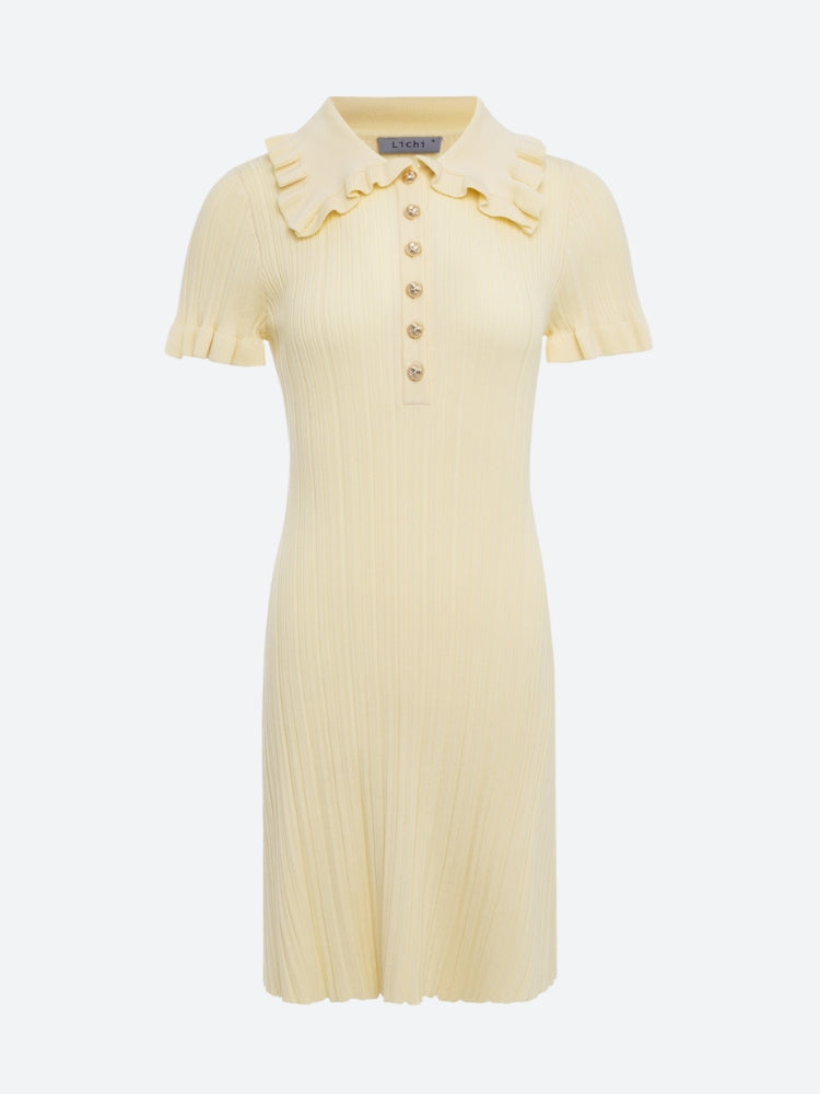 Ruffled Polo Collar Ribbed Knit Button Front Mini Dress