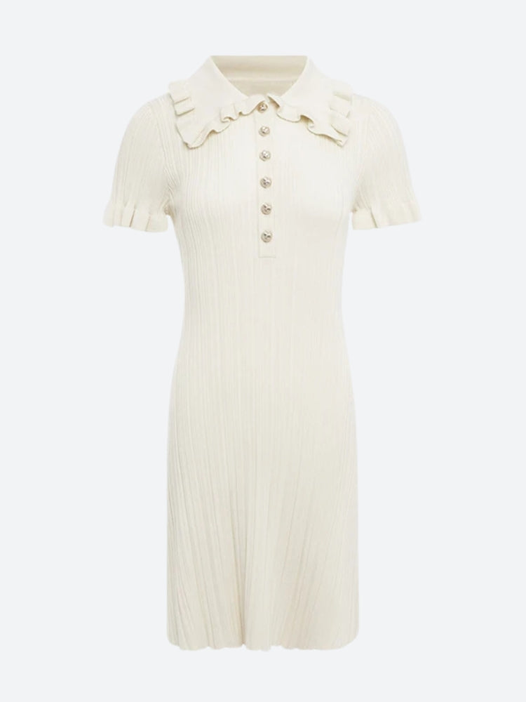 Ruffled Polo Collar Ribbed Knit Button Front Mini Dress