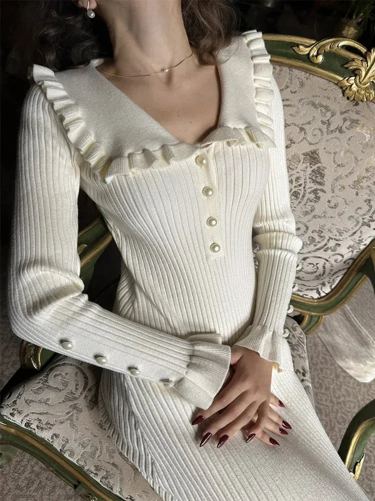 Rib Knit Ruffle Collar Button Front Flared Hem Midi Dress