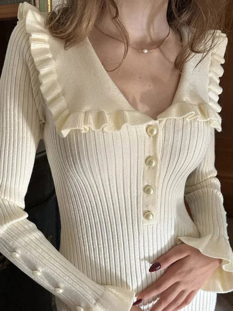 Rib Knit Ruffle Collar Button Front Flared Hem Midi Dress