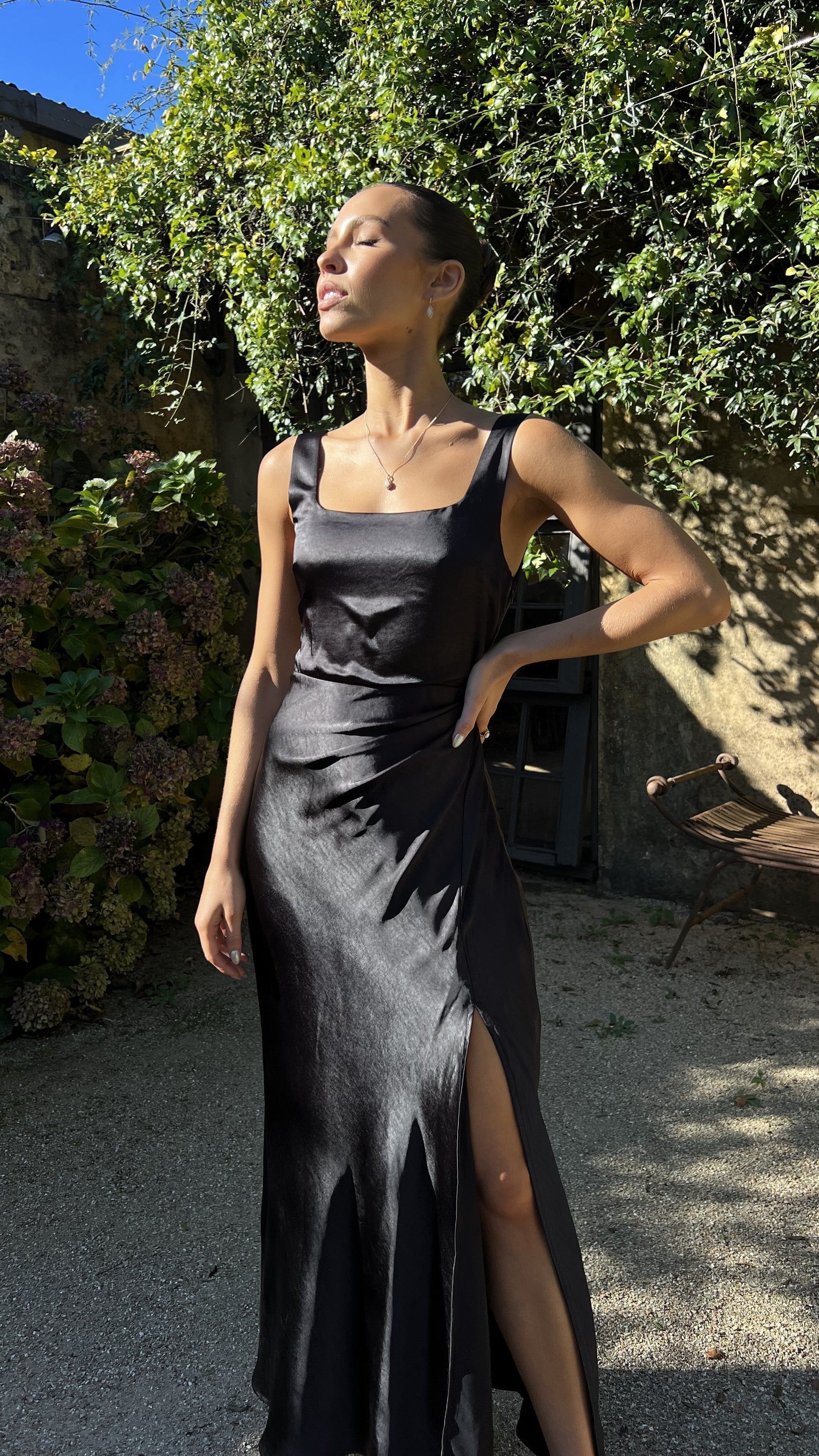 Satin Wide Strap Square Back Thigh High Slit Slip Maxi Dress