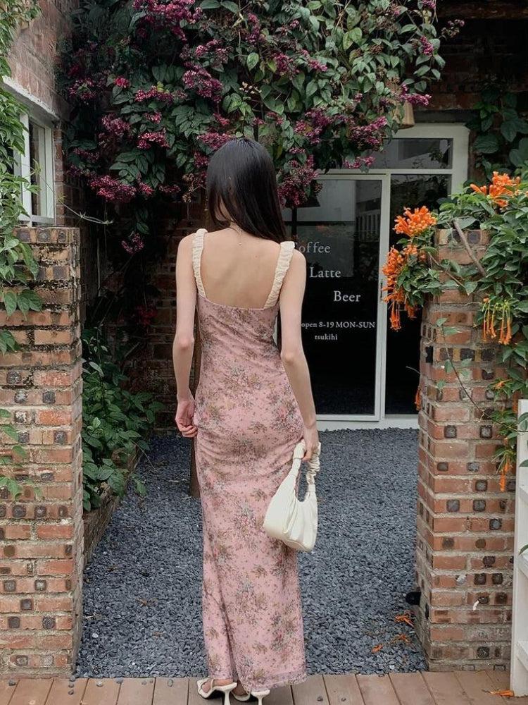 Ditsy Floral Print Deep V-Neck Ruffle Lace Trim Spaghetti Strap Slim Maxi Dress