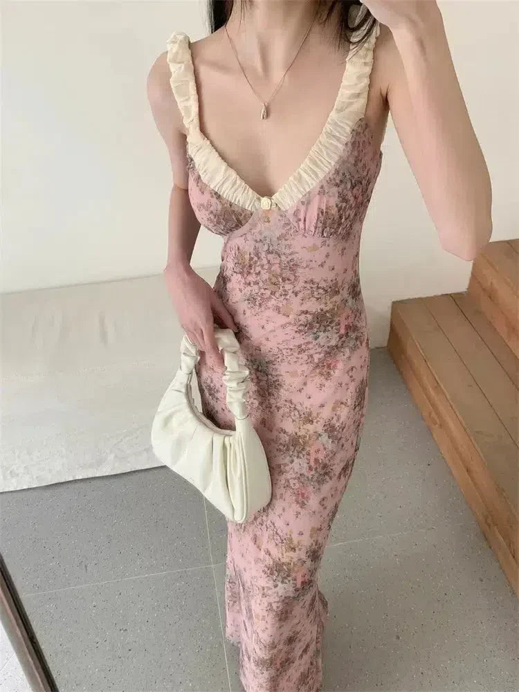 Ditsy Floral Print Deep V-Neck Ruffle Lace Trim Spaghetti Strap Slim Maxi Dress