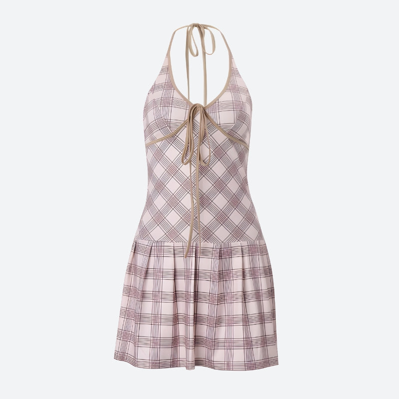 Plaid Halter Neck Tie Front Pleated Ruffle Mini Dress