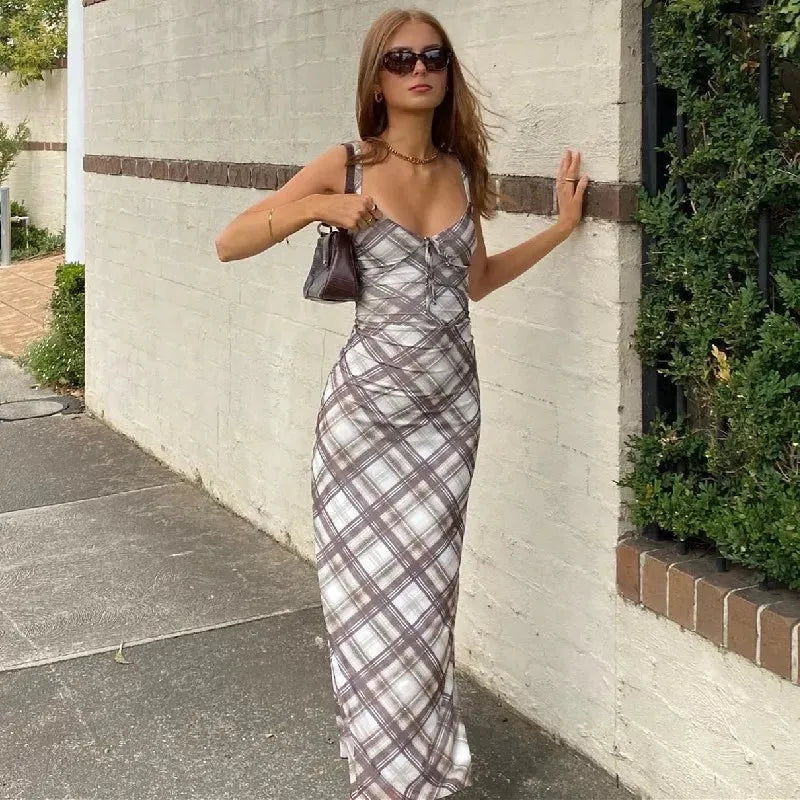 Plaid Tie Front Spaghetti Strap V Neck Midi Cami Dress