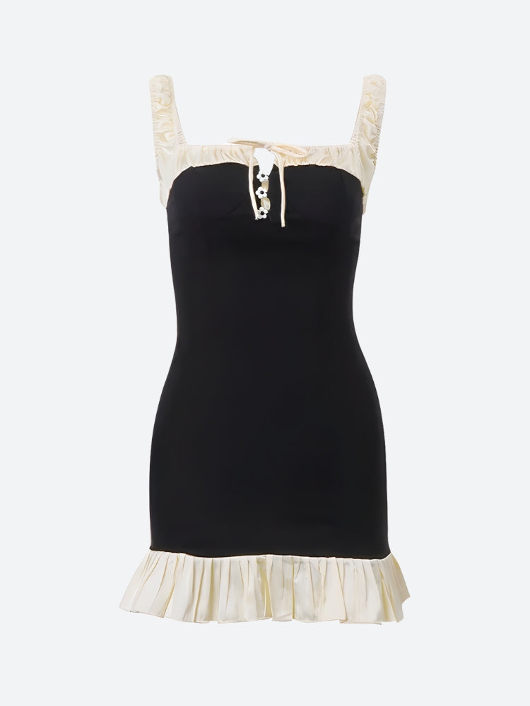 Contrast Ruffle Trim Button Front Pleated Hem Mini Dress