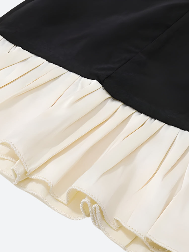 Contrast Ruffle Trim Button Front Pleated Hem Mini Dress