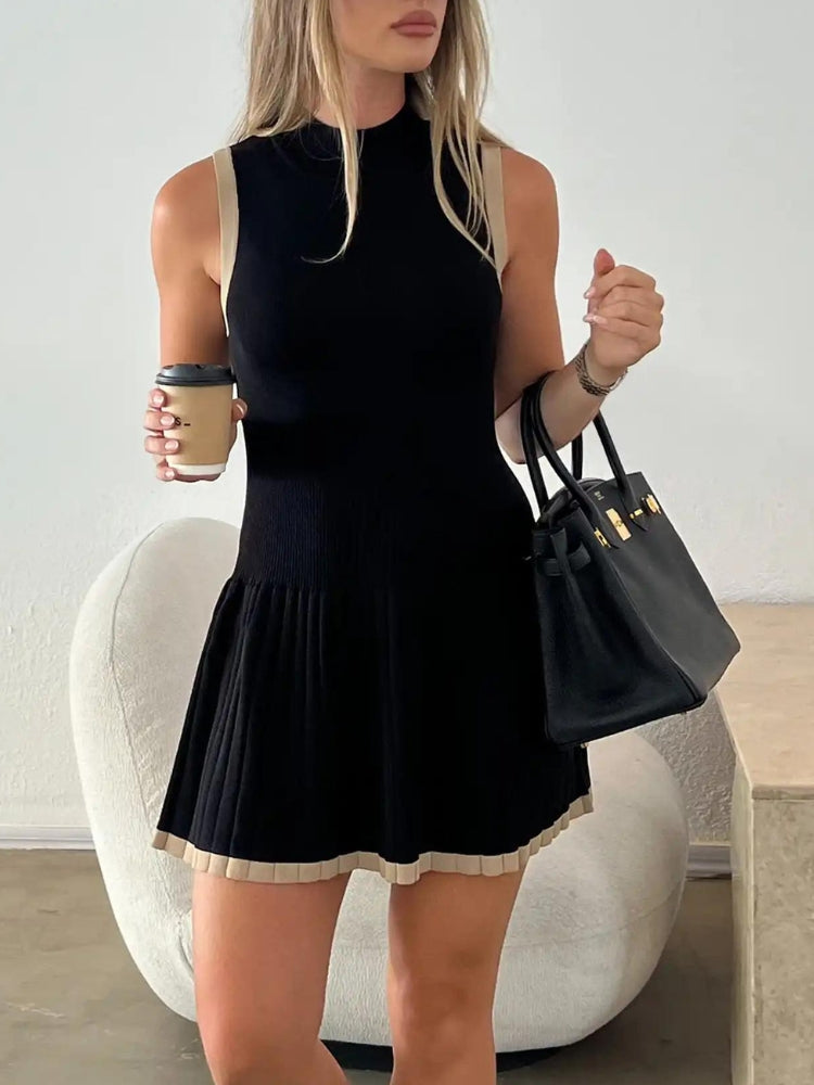 Mock Neck Contrast Trim Sleeveless Pleated Skater Mini Dress