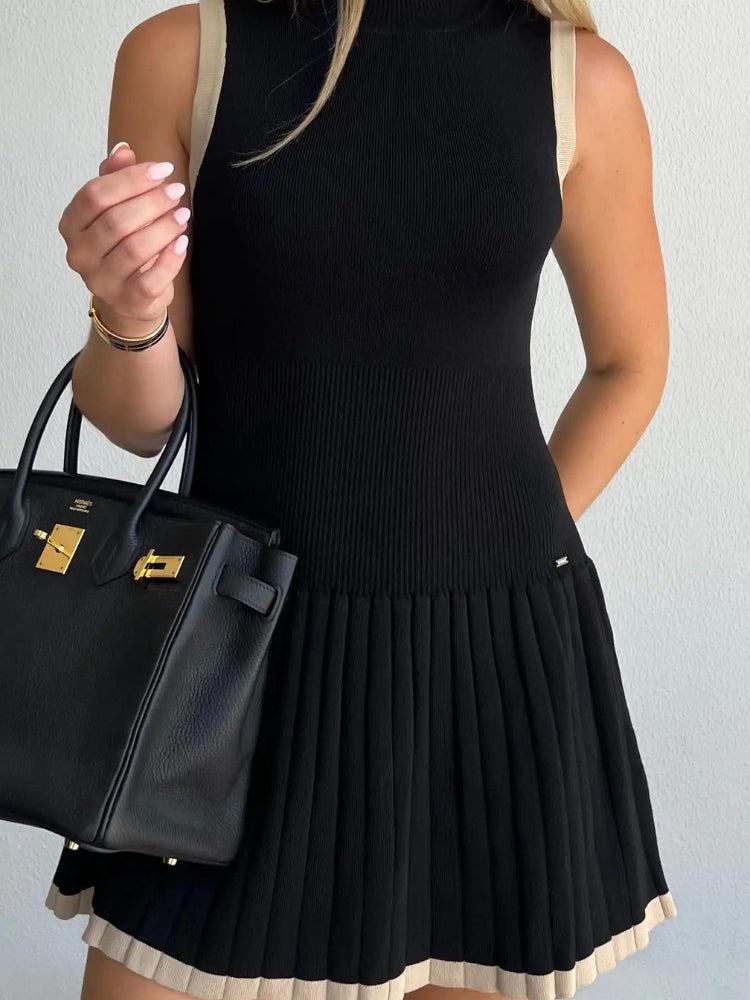 Mock Neck Contrast Trim Sleeveless Pleated Skater Mini Dress