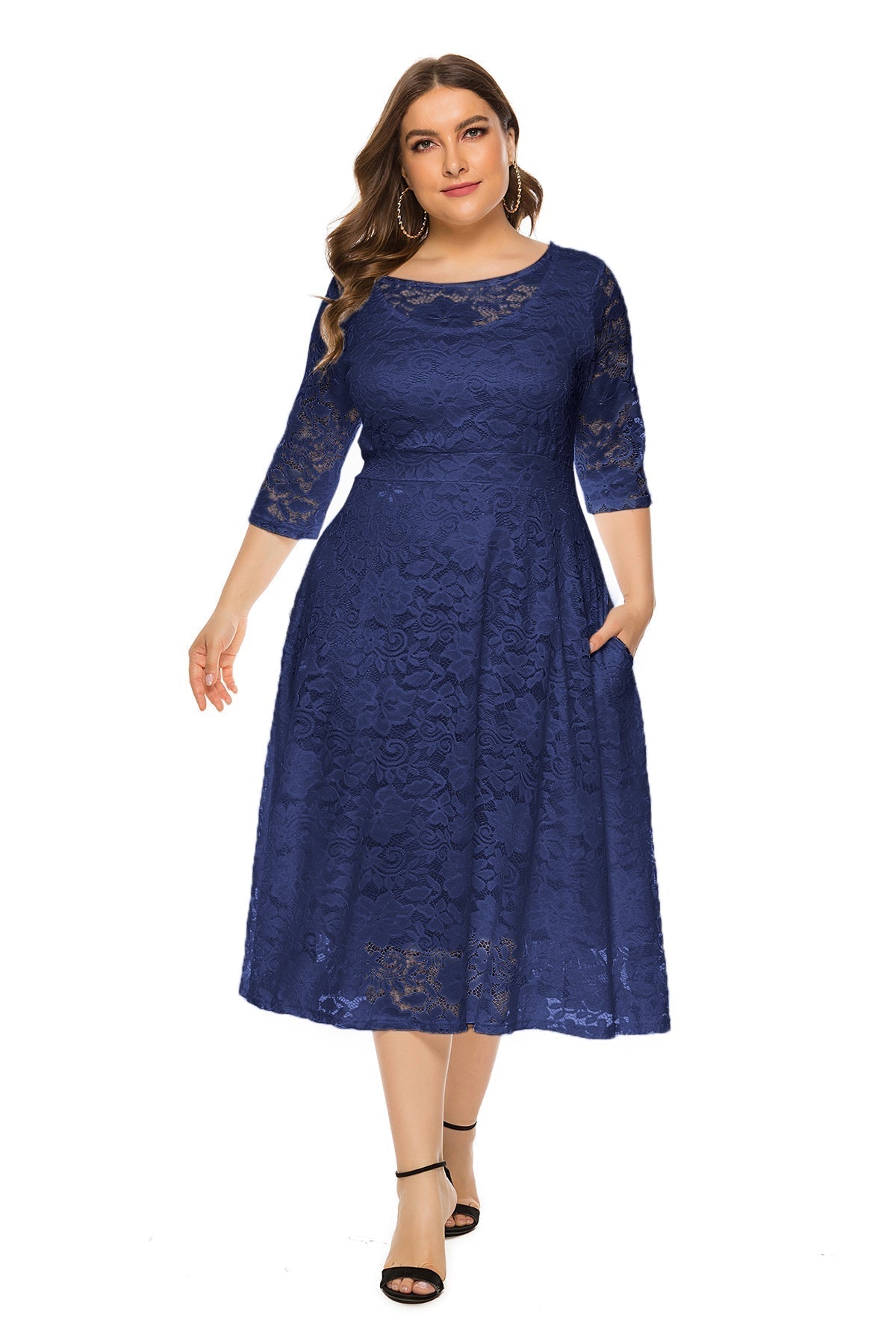 Floral Lace Overlay Scoop Neck Three Quarter Sleeve Pocket Midi Dress