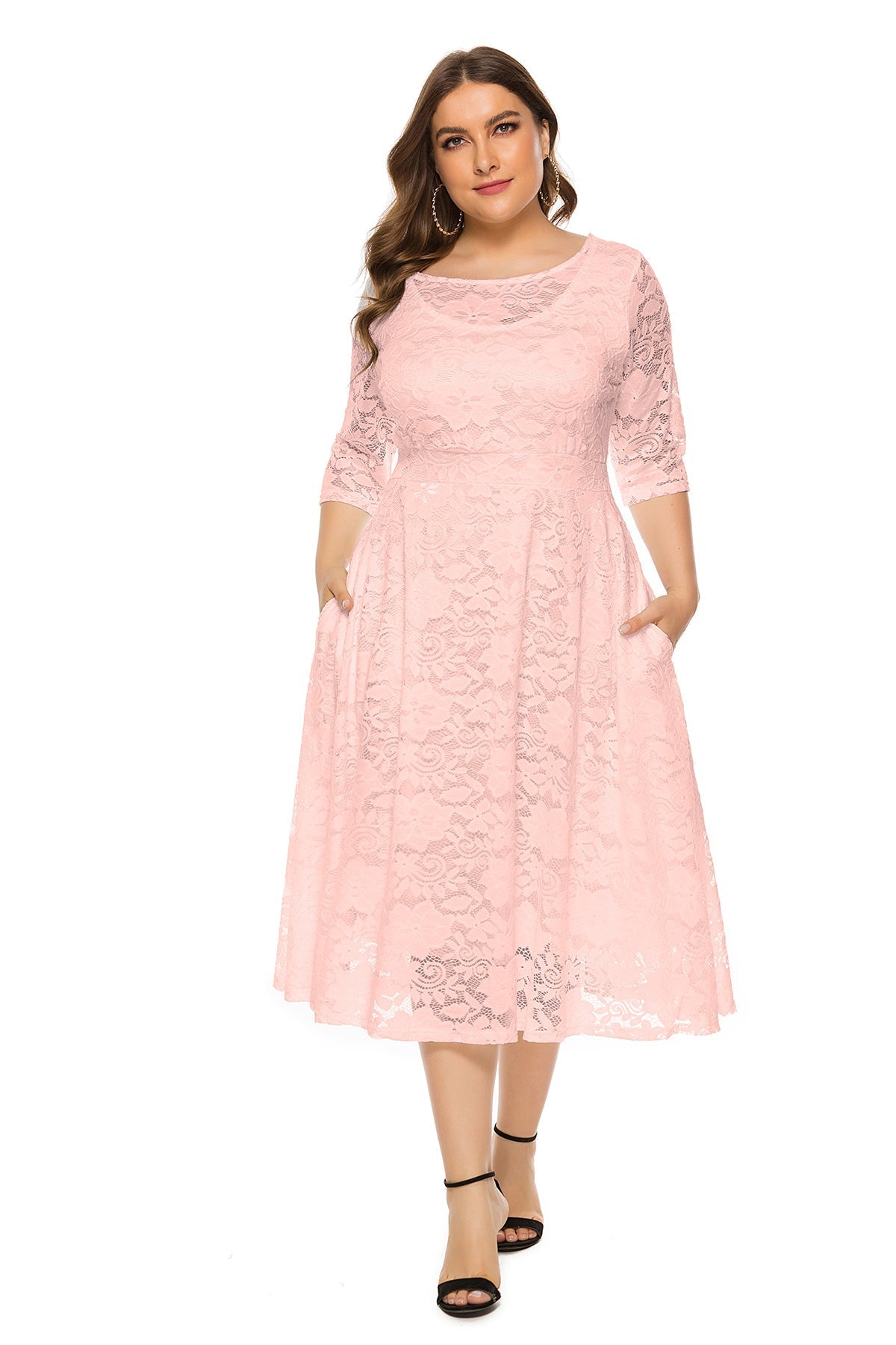 Floral Lace Overlay Scoop Neck Three Quarter Sleeve Pocket Midi Dress