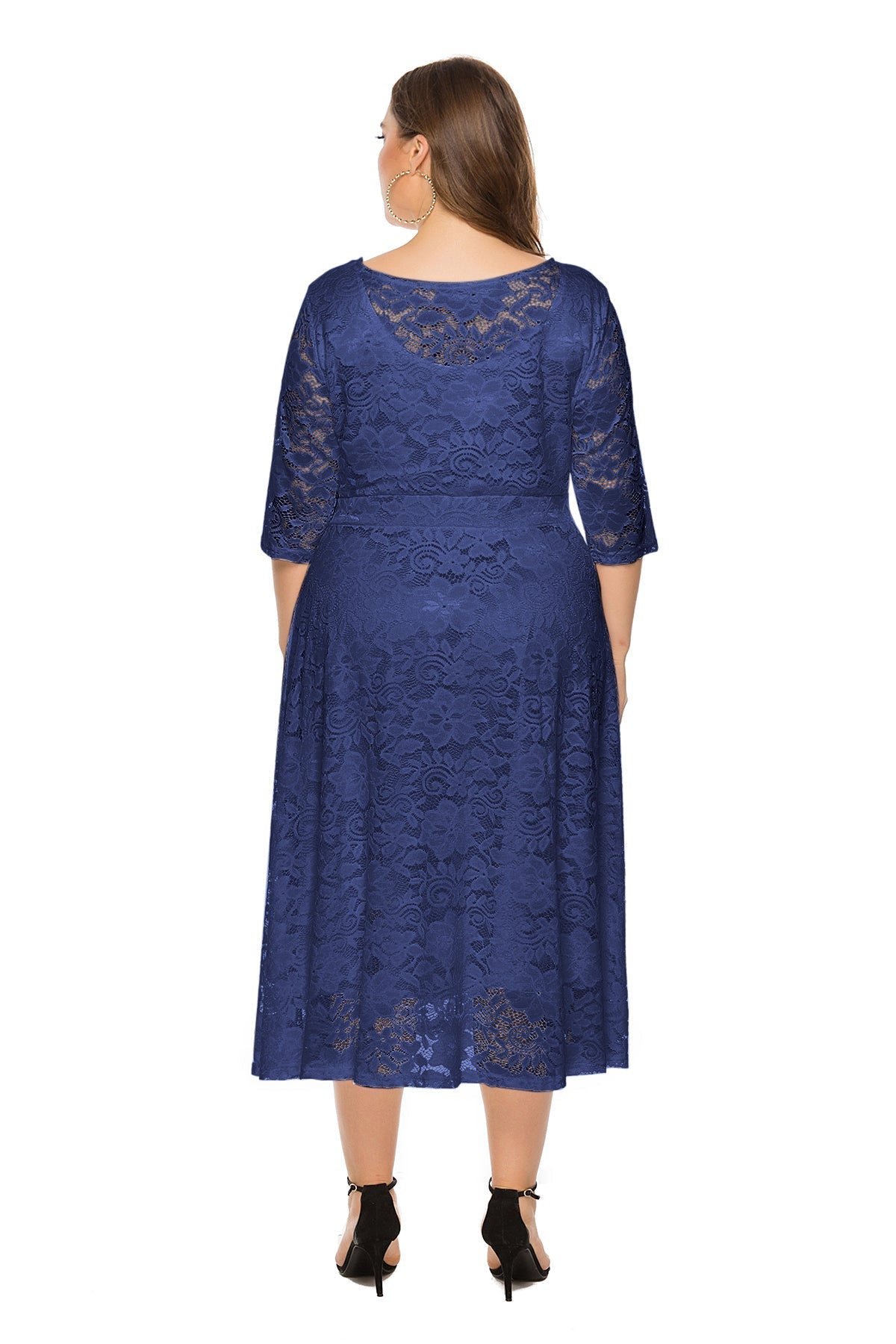 Floral Lace Overlay Scoop Neck Three Quarter Sleeve Pocket Midi Dress