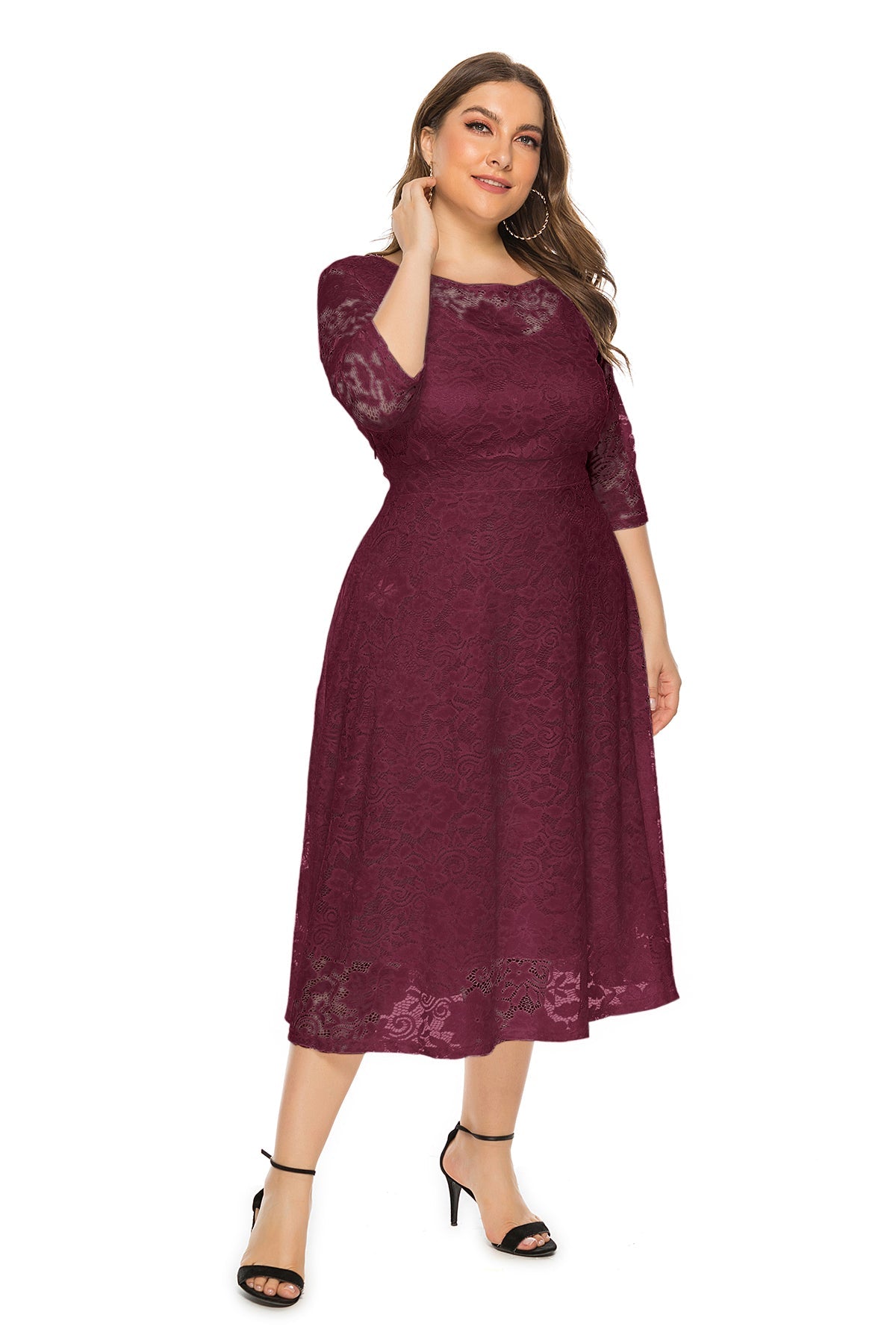 Floral Lace Overlay Scoop Neck Three Quarter Sleeve Pocket Midi Dress