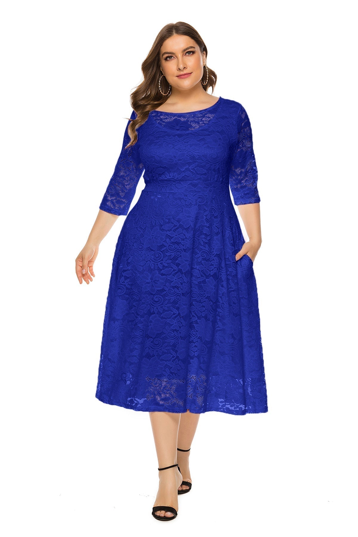 Floral Lace Overlay Scoop Neck Three Quarter Sleeve Pocket Midi Dress