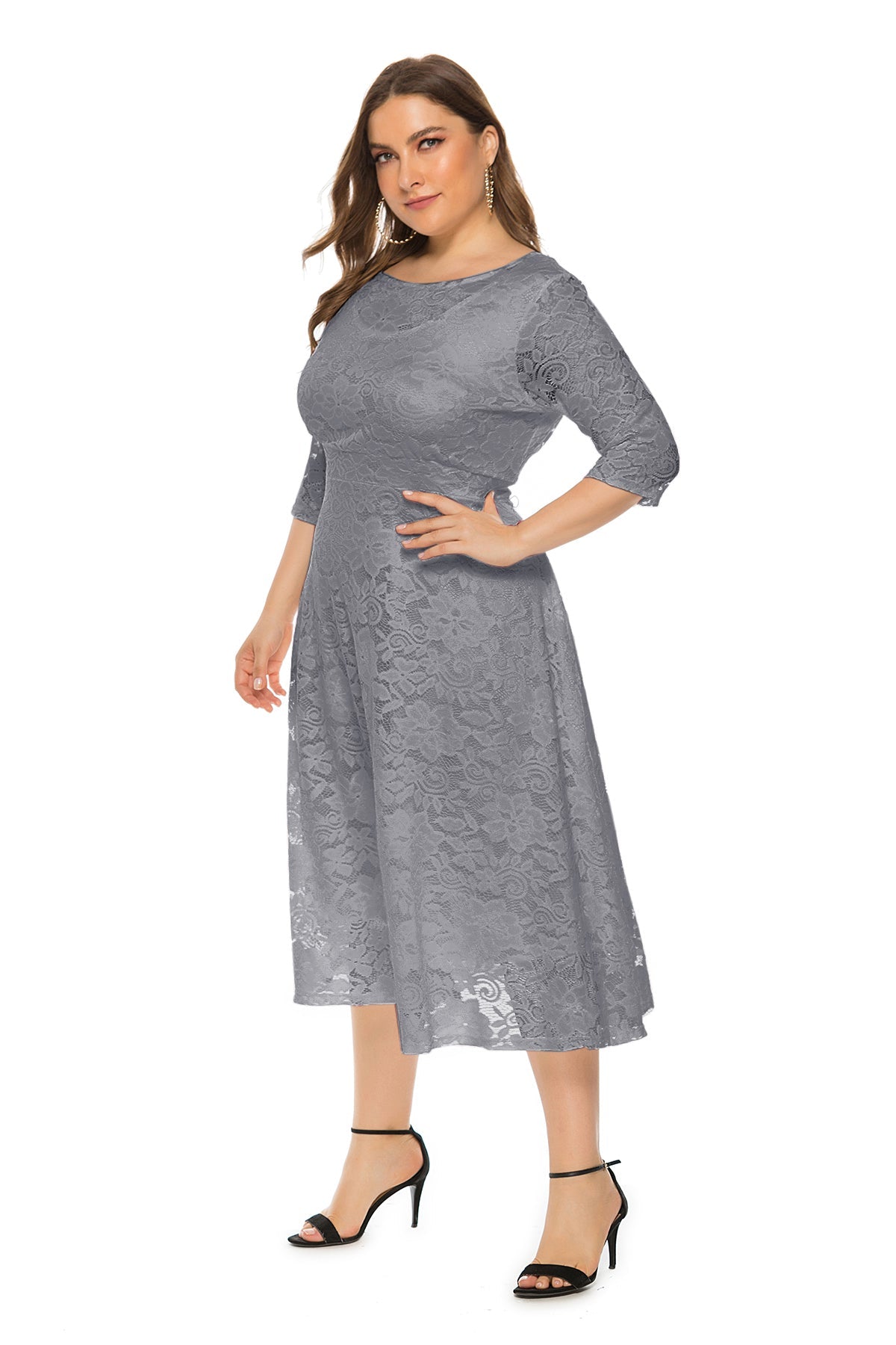 Floral Lace Overlay Scoop Neck Three Quarter Sleeve Pocket Midi Dress
