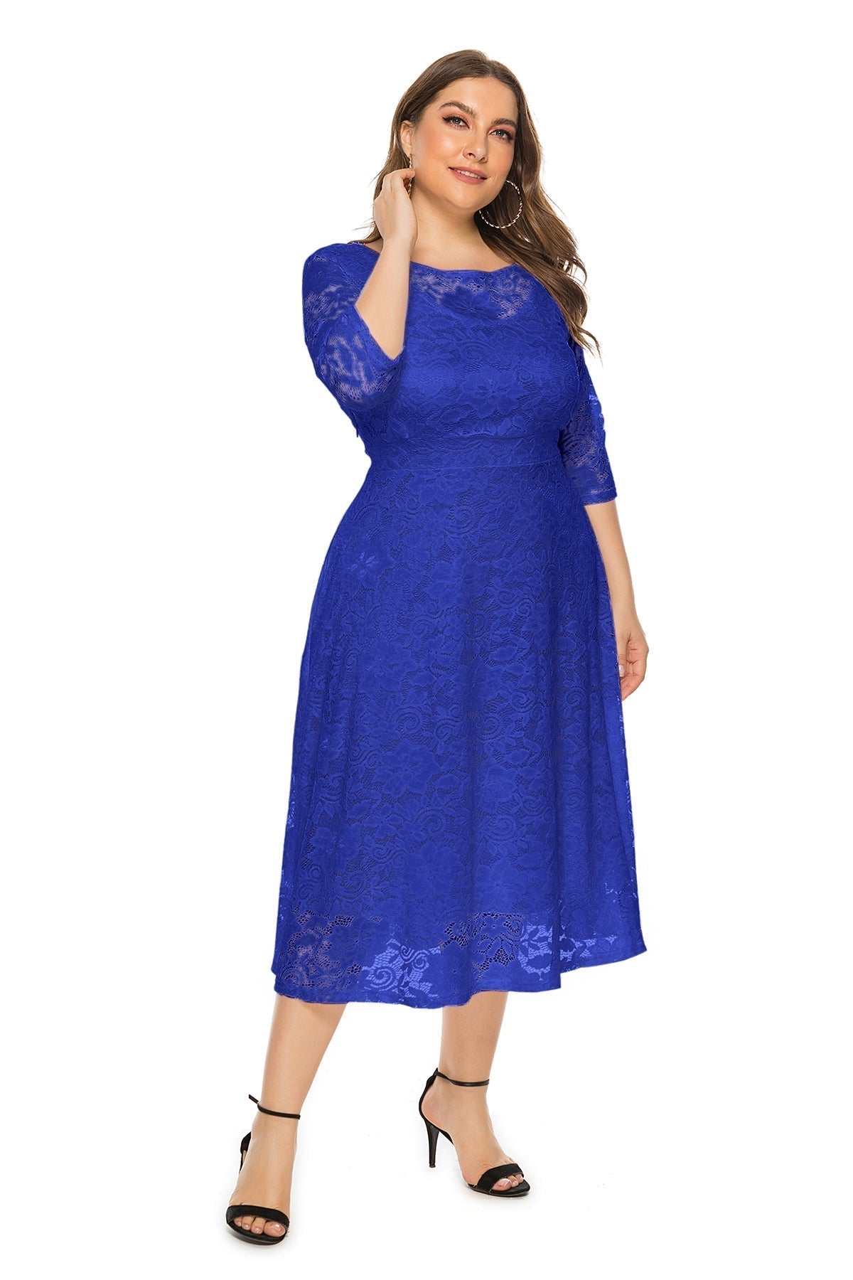 Floral Lace Overlay Scoop Neck Three Quarter Sleeve Pocket Midi Dress