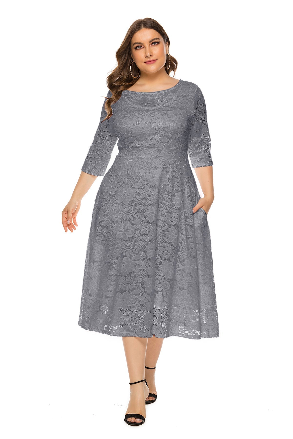 Floral Lace Overlay Scoop Neck Three Quarter Sleeve Pocket Midi Dress