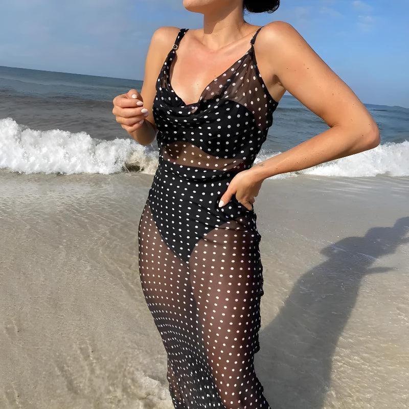 Polka Dot Sheer Mesh Spaghetti Strap Maxi Slip Dress